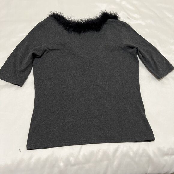 VTG USA 80s Black Feather V Neckline Gray Top Shirt Blouse Stretch 3/4 Sleeves - Picture 9 of 11